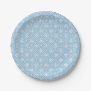 Baby Blue White Snowflake Christmas Pattern Paper Plate