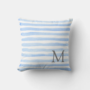 Baby Blue & White Stripes Monogram Throw Pillow