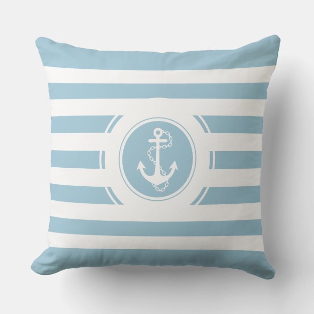 Baby Blue & White Stripes Nautical Anchor Cushion (Front)