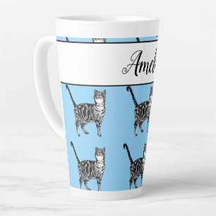 Baby Blue White Tabby cat Cats Whimsical Art Latte Mug