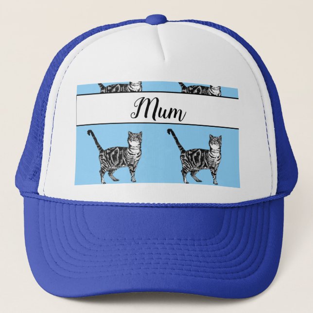 Baby Blue White Tabby cat Cats Whimsical Mom Trucker Hat (Front)