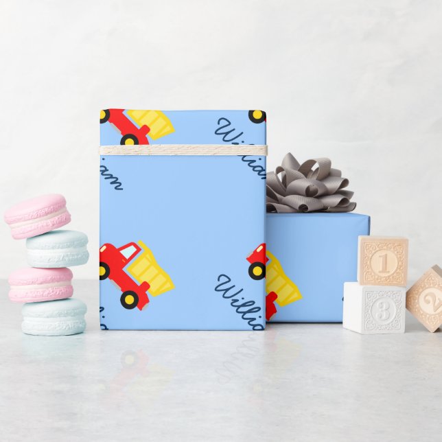 Baby blue wrapping paper with toy dump truck (Baby Shower)
