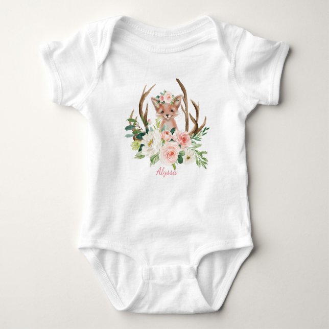 baby bodysuit cute woodland fox pink florals (Front)