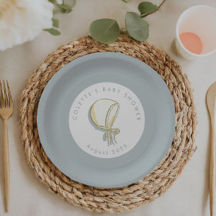 Baby Bonnet Baby Shower Blue Paper Plate