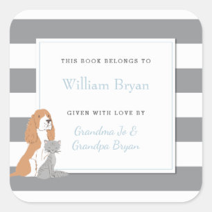 Baby Bookplate Grey Stripes Pets Dog and Cat Square Sticker