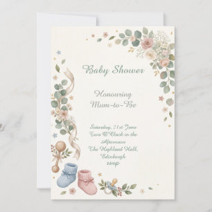 Baby Boots Floral Baby Shower Invitation