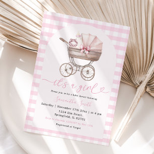 Baby Bottle Carriage Baby Shower Girl Pink Gingham Invitation
