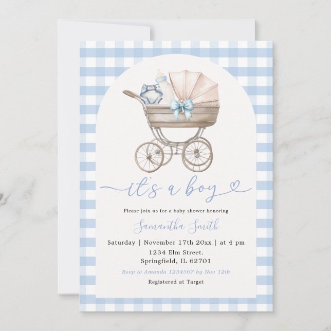 Baby Bottle Carriage Blue Gingham Baby Shower Invitation (Front)