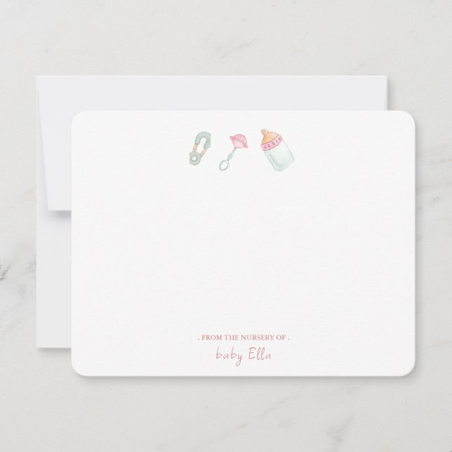 Baby Bottle & Rattle From the Nursery Flat Thank You Card (Front)