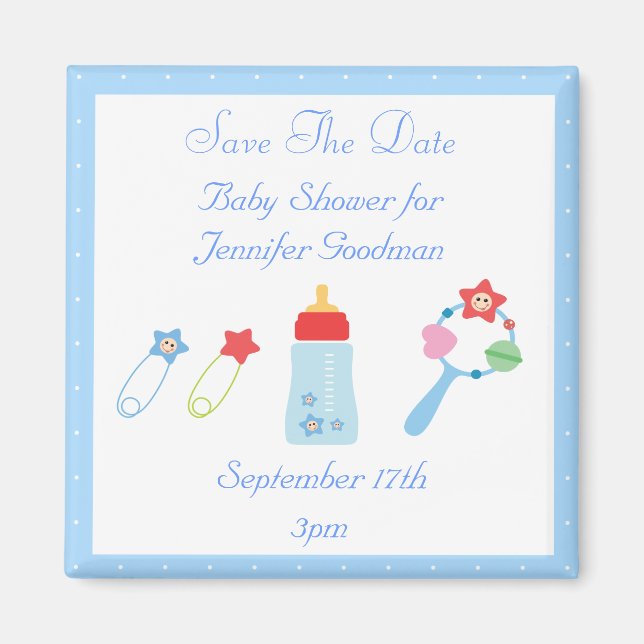 Baby Bottle & Rattle Save The Date Baby Shower Magnet (Front)