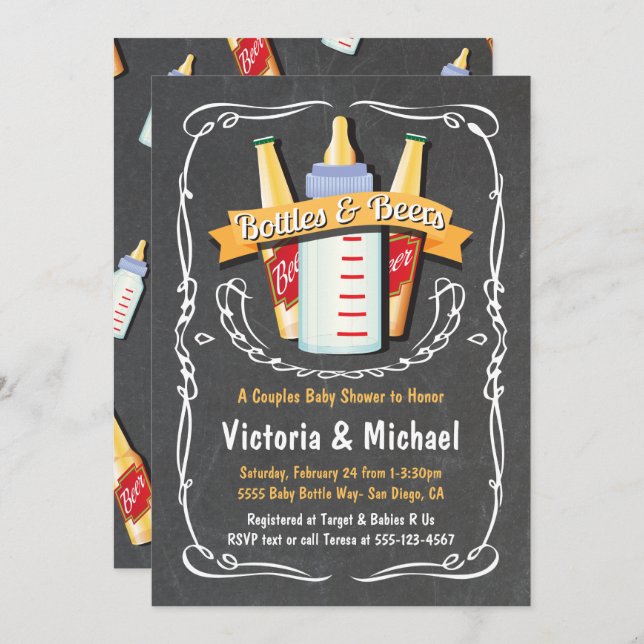 Baby Bottles and Beers Baby Shower Chalkboard Invitation (Front/Back)