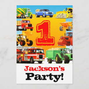 Baby Boy 1st Birthday Big Trucks Party Invitation