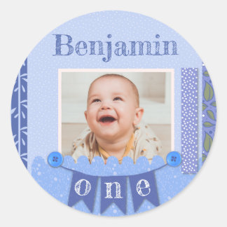 Baby Boy 1st Birthday Blue Scrapbook Classic Round Sticker