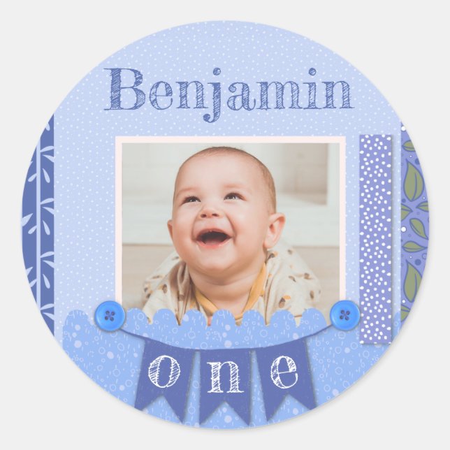 Baby Boy 1st Birthday Blue Scrapbook Classic Round Sticker (Front)