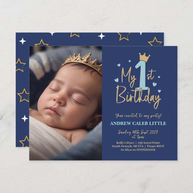 Baby boy 1st birthday invitation with photo (Front/Back)