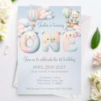 Baby Boy 1st Birthday Teddybear Air Balloon Clouds