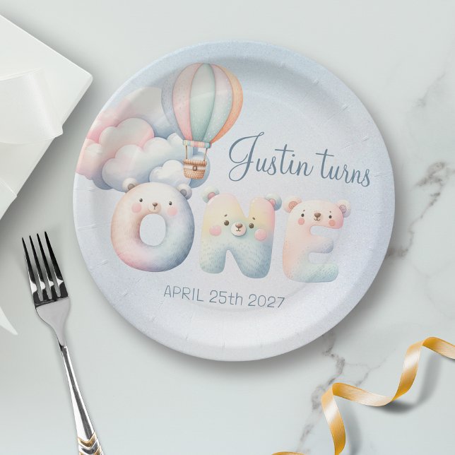 Baby boy 1st birthday teddybear hot air balloon paper plate (Creator Uploaded)