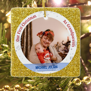 Baby Boy 1st Christmas As Grandparents 2 Photos Ceramic Ornament