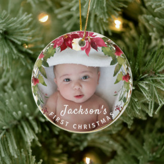 Baby Boy 1st Christmas Holly Wreath Photo Keepsake Ceramic Tree Decoration