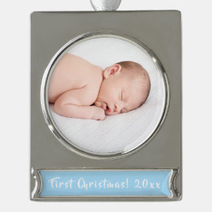 Baby Boy 1st Christmas Photo Holiday Elegant Silver Plated Banner Ornament