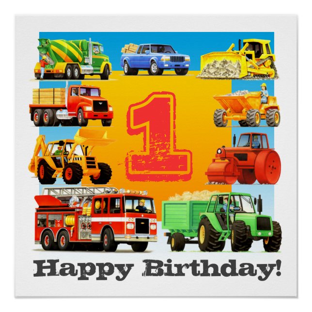 Baby Boy 1st Happy Birthday Construction Truck Poster (Front)