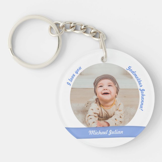 Baby Boy 2 Photos Names Date Birth For Godmother Key Ring (Front)