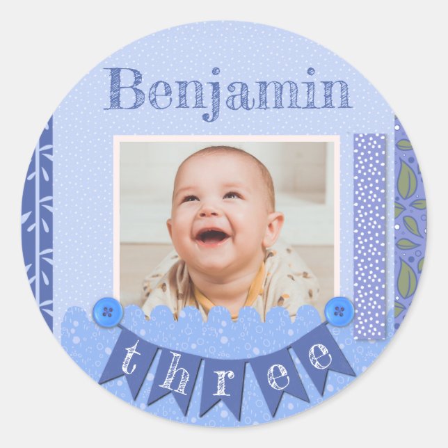 Baby Boy 3rd Birthday Blue Scrapbook Classic Round Sticker (Front)