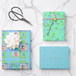 Baby Boy 3rd Birthday Green & Blue Scrapbooking Wrapping Paper Sheet