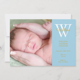 Baby Boy 4 Photos Blue Monogram Gold Script Birth Announcement