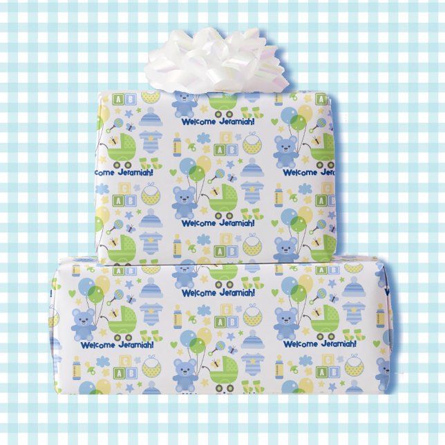 Baby Boy Add Name Blue Balloons & Teddy Bear Wrapping Paper (Creator Uploaded)