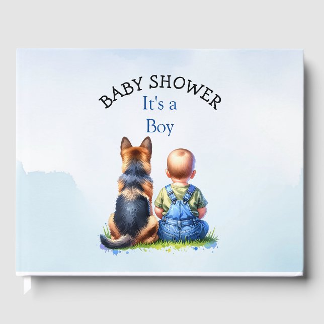Baby Boy and a German Shepherd Puppy Baby Shower Guest Book (Front)