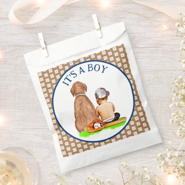 Baby Boy and Dog Baseball Themed Baby Shower Favour Bags (Clipped)