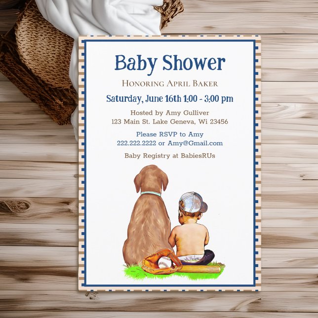 Baby Boy and Dog Baseball Themed Baby Shower Invitation (Creator Uploaded)