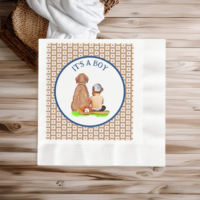 Baby Boy and Dog Baseball Themed Baby Shower Napkin (Creator Uploaded)