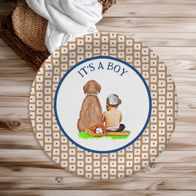 Baby Boy and Dog Baseball Themed Baby Shower Paper Plate (Creator Uploaded)