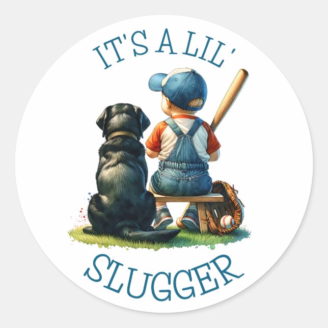 Baby Boy and Dog | Lil Slugger | Baby Shower Classic Round Sticker (Front)
