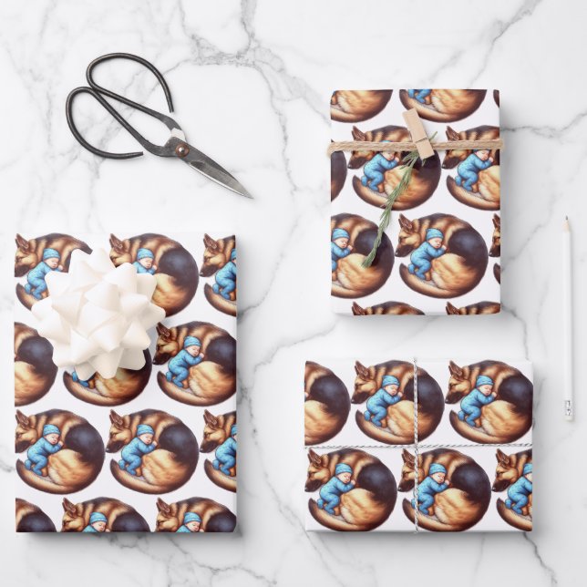 Baby Boy and German Shepherd Wrapping Paper Sheet (Front)