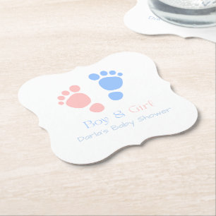 Baby Boy and Girl Footprints Twins Baby Shower Paper Coaster