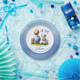 Baby Boy and his Bulldog Baby Shower Paper Plate