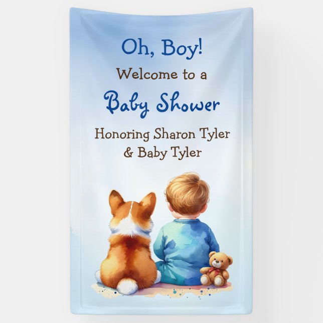 Baby Boy and his Corgi Puppy Baby Shower Banner (Vertical)