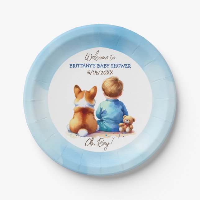 Baby Boy and his Corgi Puppy Baby Shower Paper Plate (Front)