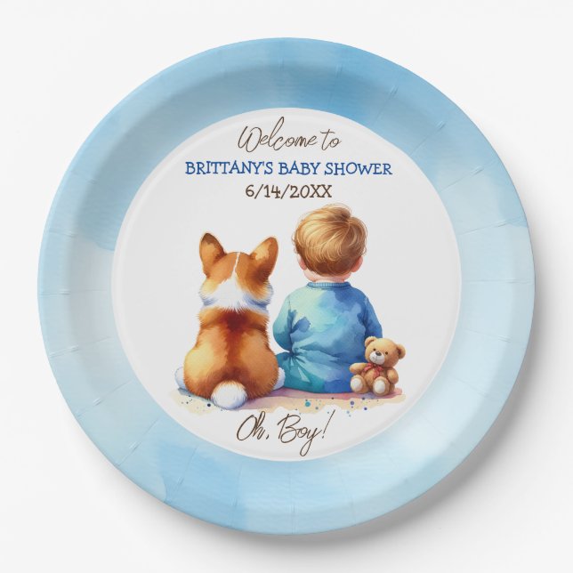 Baby Boy and his Corgi Puppy Baby Shower Paper Plate (Front)