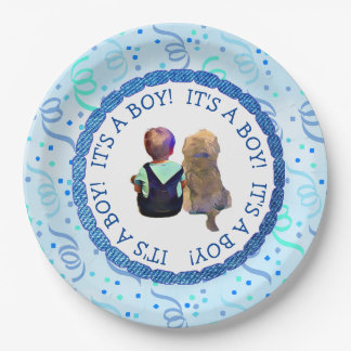 Baby Boy and His Dog Its a Boy Baby Shower Paper Plate