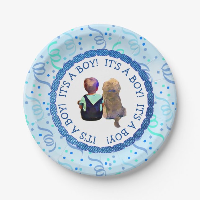 Baby Boy and His Dog Its a Boy Baby Shower Paper Plate (Front)
