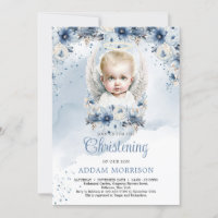 Baby boy angel and dusty blue floral wreath