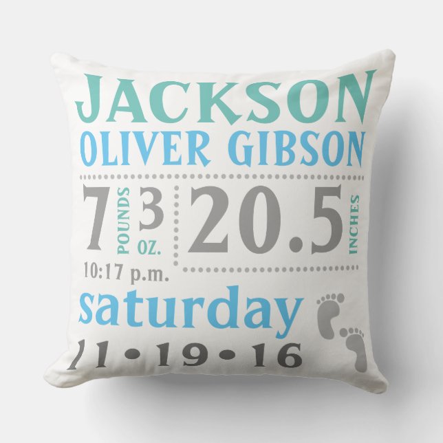 Baby boy Announcement Pillow, blue, green, grey Cushion (Front)
