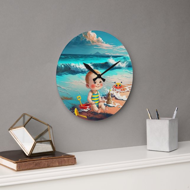 Baby Boy at the Beach Large Clock (Office)