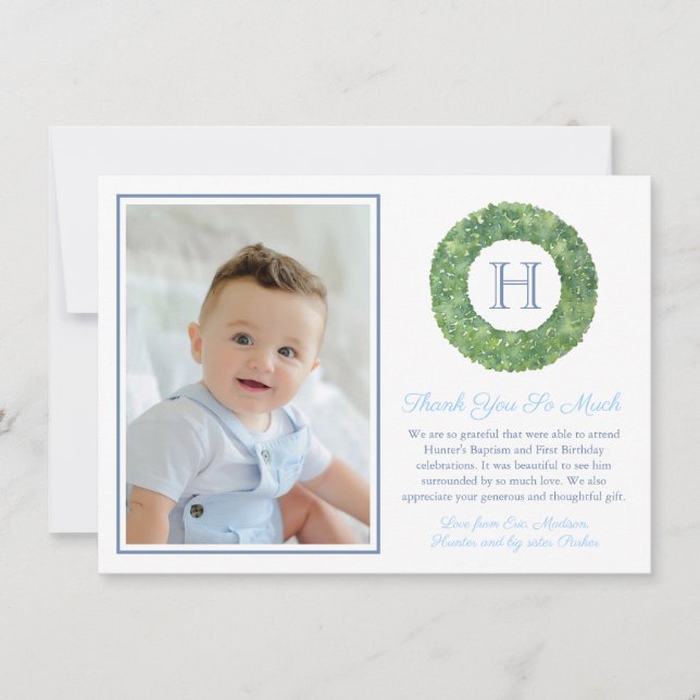 Baby Boy Baptism Birthday Smart Monogram Thank You Card (Front)