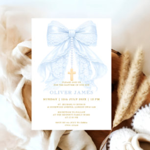 Baby Boy Baptism Blue Bow Invitation