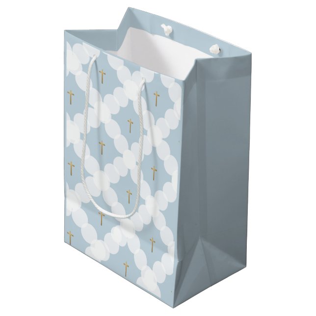 Baby Boy baptism Blue gold cross white pattern Medium Gift Bag (Front Angled)